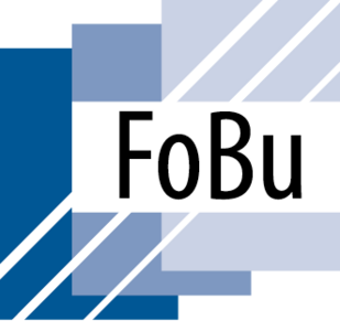 Logo FoBU für Fortbildungsbudget drei Quadrate in Blautönen plus Schriftzug