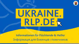 ukrainische Flagge, davor URL ukraine.rlp.de