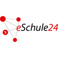 Logo Schriftzug eSchule24 und rote mit Linien verbundene Punkt als Symbol Netzwerk
